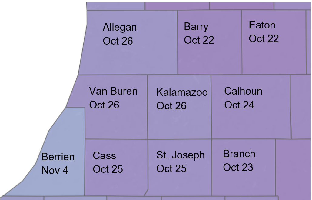 Freeze dates for southeast Michigan counties.